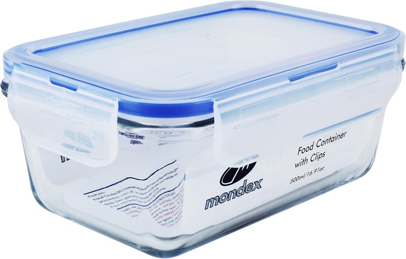 Mondex حاوية تخزين طعام زجاجية مستطيلة مع غطاء شفاف/أزرق 500 مل - Image 1